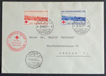 1939: Sonderpostflug 75 J. Genfer Konvention Zürich–Genève