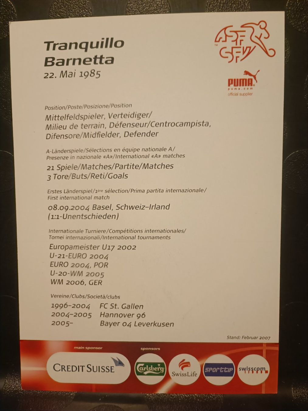 Autografi: Tranquillo Barnetta - handsigniert SFV Karte – Usato da Menziken venduto da Artographs 1