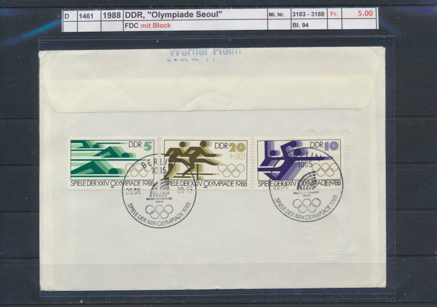 Tutti i francobolli: 1988 DDR, "Olympiade Seoul", mit Block, FDC – Usato da Winterthur venduto da Zupogeru 1