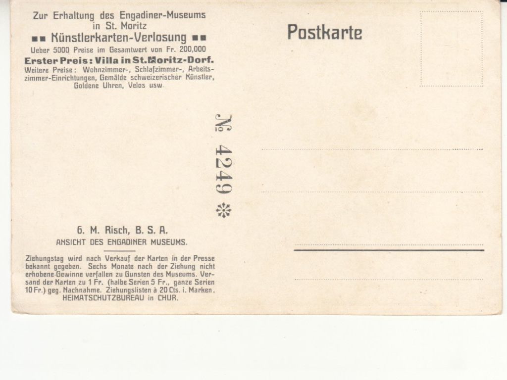 Ansichtskarten: St. Moritz Engadiner Museum Loskarte ca. 1920 – Gebraucht aus Bürglen TG von StampGraf 1