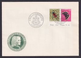 PJ 1953, FDC Kehrdruck K44 mit Bogenrand, aus Kehrdruckbogen