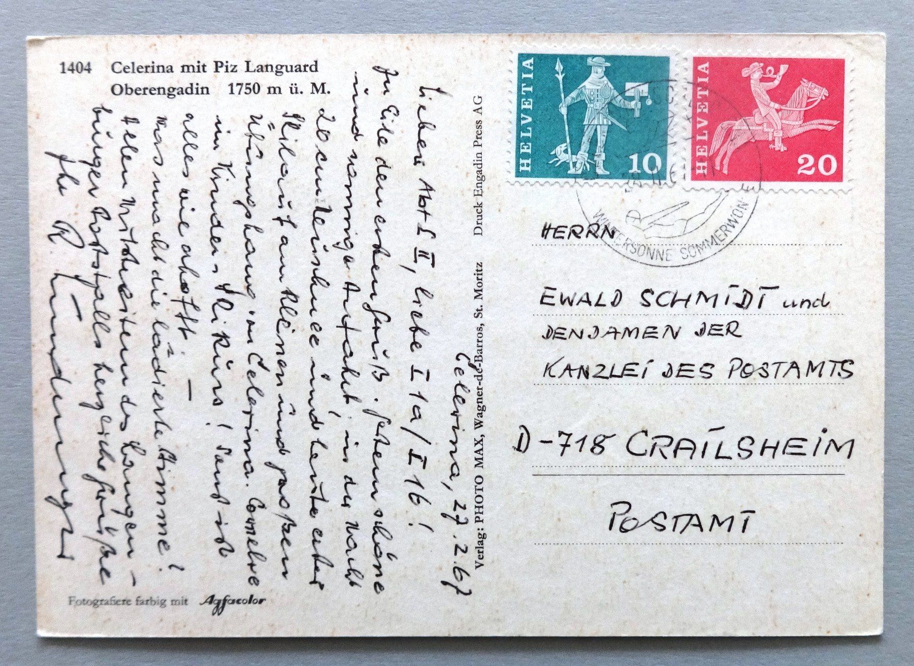 Cartoline postali: Celerina mit Piz Languard 1750 m ü.M. – Usato da Fétigny venduto da Billy2miny 1