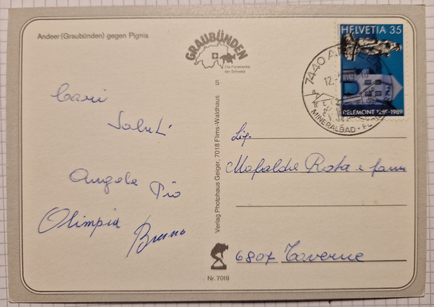 Cartoline postali: Andeer 1989 gegen Pignia – Usato da Melchnau venduto da Fishel 1
