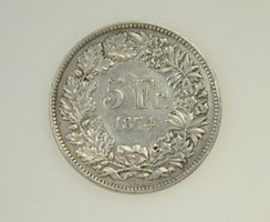 5 Franken Silbermünze Schweiz 1874 B ohne Punkt! Selten!