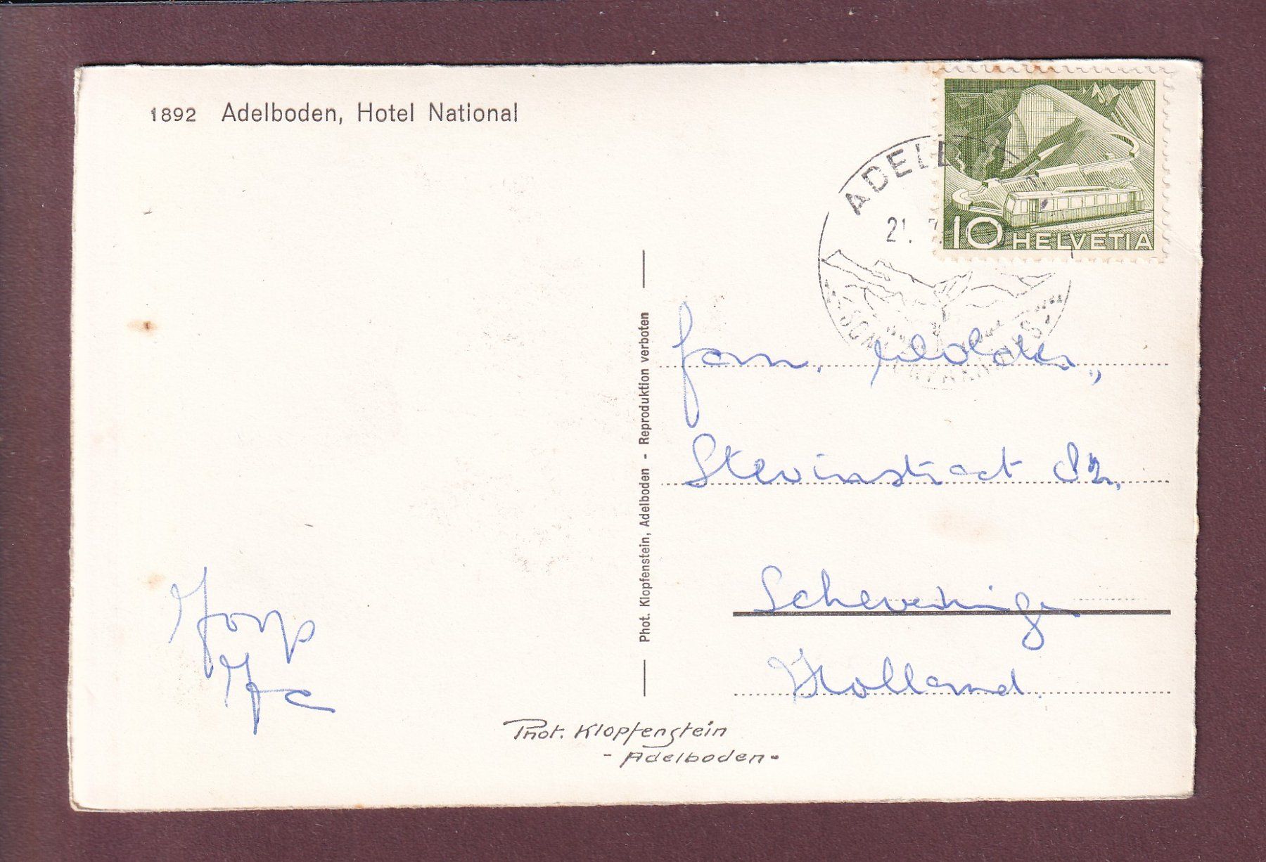 Cartoline postali: ADELBODEN - Hotel National – Usato da Pully venduto da nicecards 1