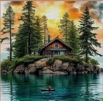 Kreuzstich-Handarbeit-Sticken-Landschaft mit Haus- 30x30cm