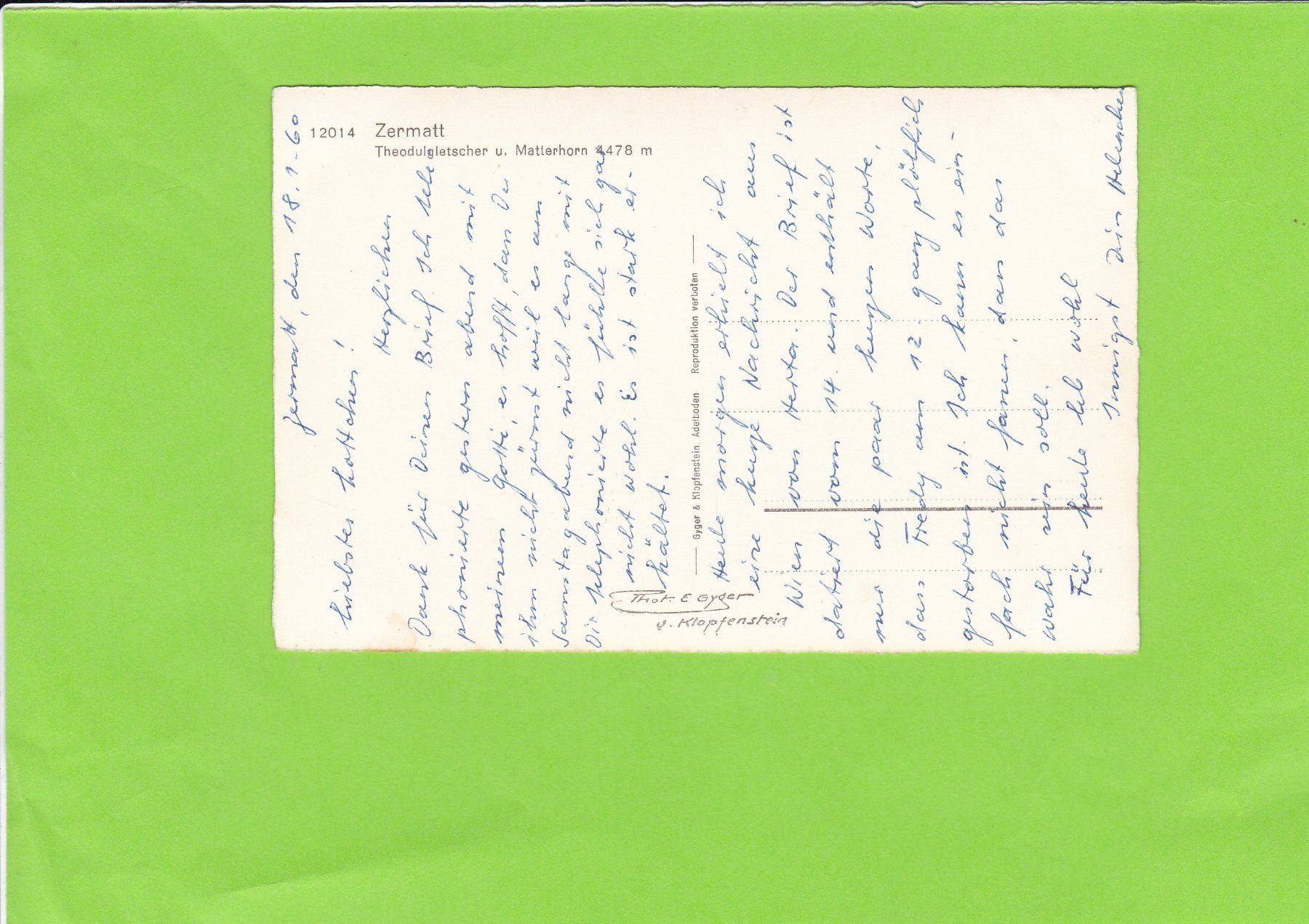 Cartoline postali: 12014 Zermatt-Theodulgletscher, E. Gyger – Usato da St. Peterzell venduto da neckertal 1