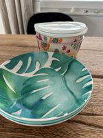 2 Schalen mit Deckel Dekoration Monstera und Blumen