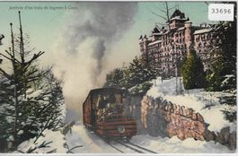 Arrivee d'un train de lugeurs a Caux - Schlittelzug - Litho