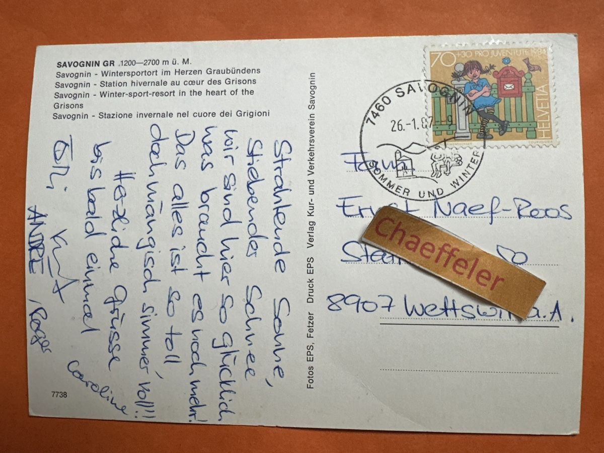 Cartoline postali:  1987 Savognin GR – Usato da Zürich venduto da Chaeffeler 1