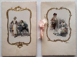 2x Glückwunschkarte geprägt, mit amourösen Szenen, um 1900