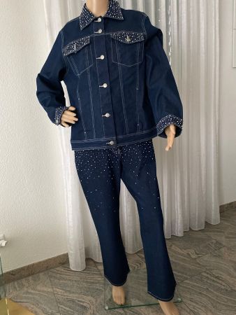 Extravagantes Jeans-Ensemble, blau mit Perlen, Gr. 44/20(40)