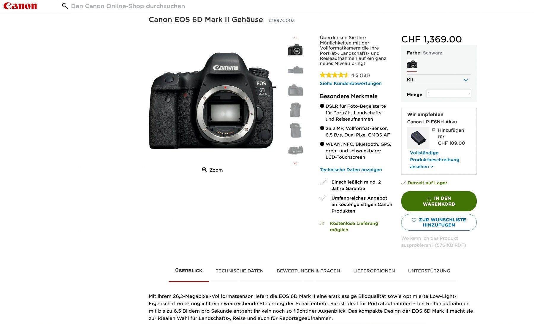 Canon Kamera: CANON EOS 6D Mark II MK 2  Vollformat Kamera – Gebraucht aus Emmen von  8
