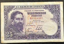 Spanien 25 Peseten Note, Jahr 1954, Top Zustand!