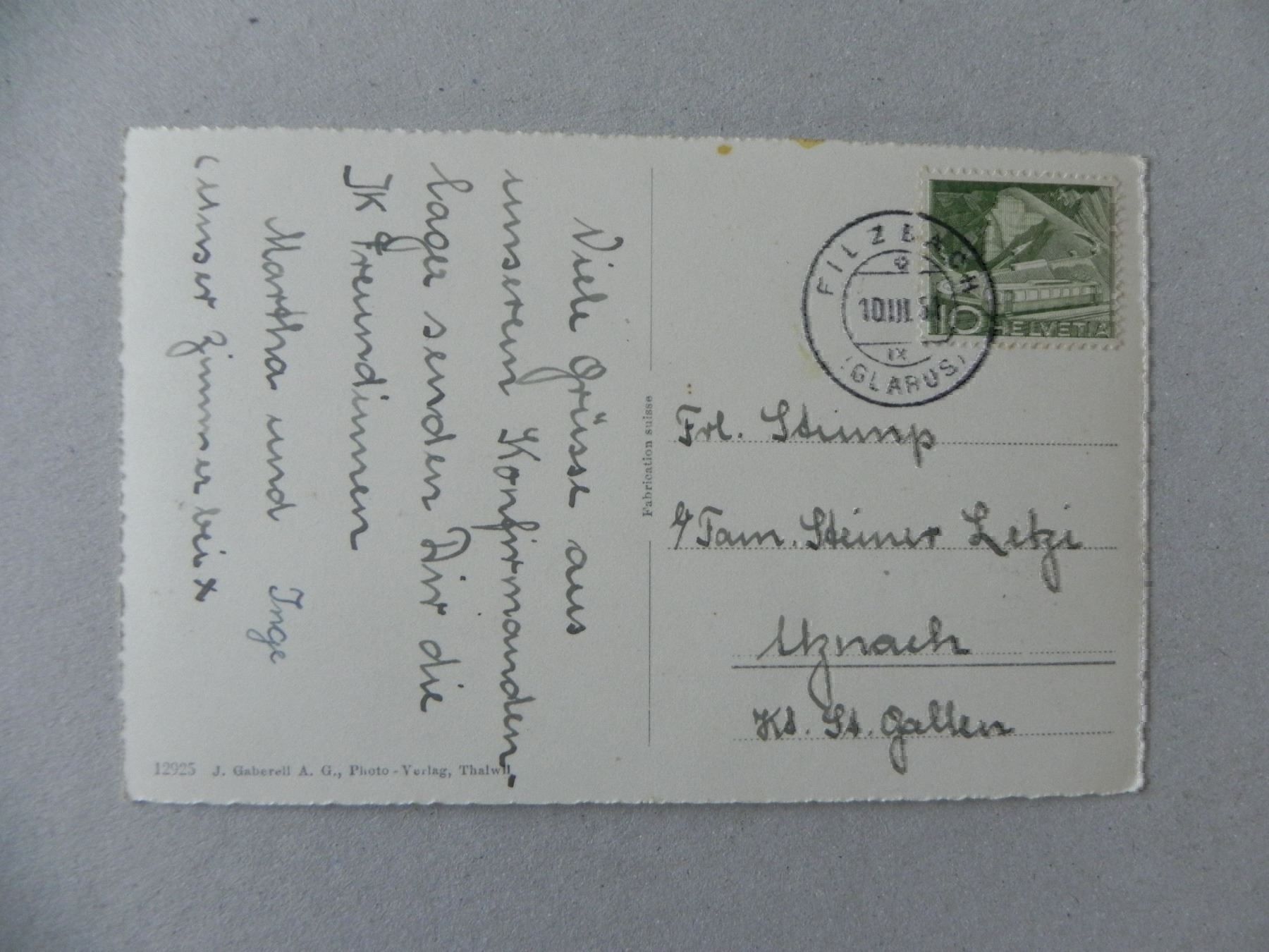 Cartoline postali: Ansichtskarte Filzbach Glarus Lihn 1951 – Usato da Siebnen venduto da krimsie 1