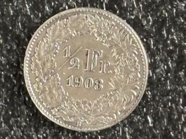 1/2 Fr. 1908 ss+, 0.8 mio, schöner Silberglanz, ungereinigt!