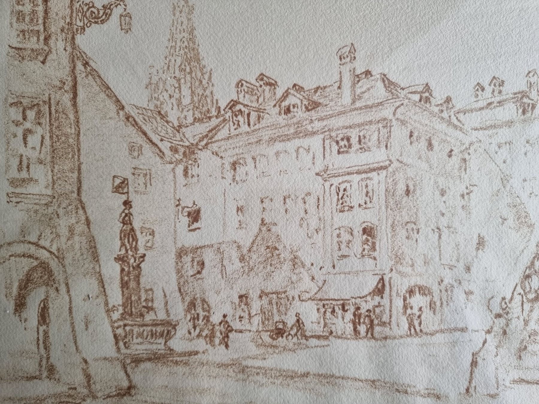 Grafica & Litografie: Adolf Tièche Lithographie Rathausplatz Bern mit Rahmen – Usato da Gersau venduto da grafik-kunst 1