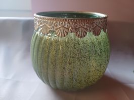 neu: Teelichtglas grün mit Ornamentrand