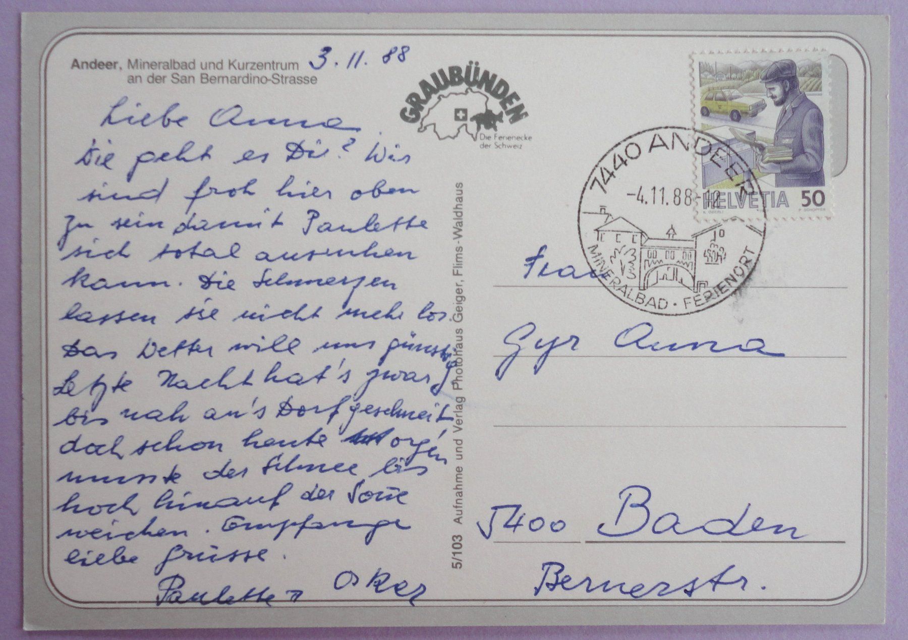 Cartoline postali: Andeer – Usato da Fétigny venduto da Billy2miny 1