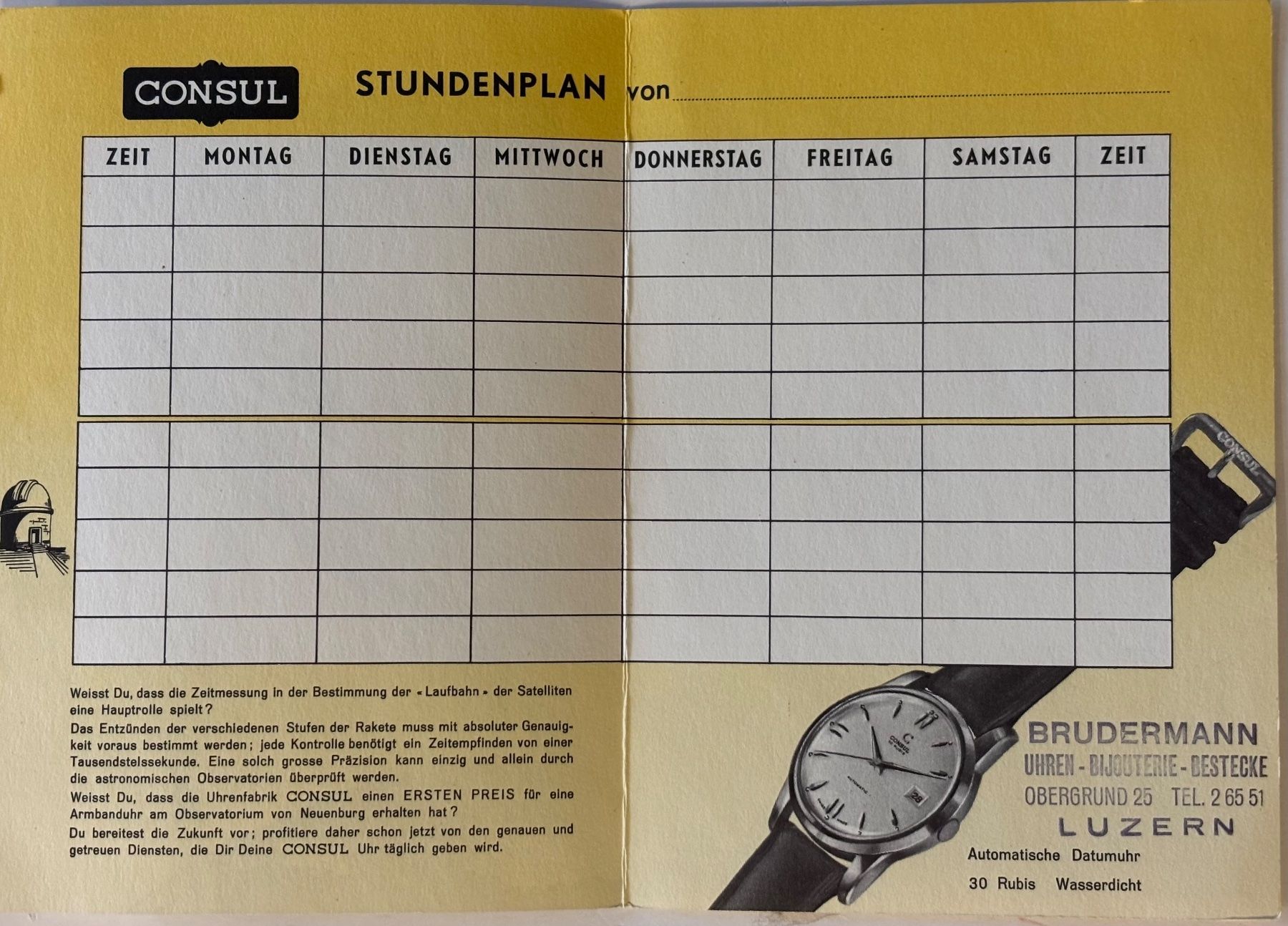 Cartoline postali: Luzern, Uhrenfabrik Consul, Observatoriumspreis, Stundenplan – Usato da Frauenfeld venduto da Merk52 2