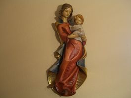hängende, handgeschnitzte Madonna mit Kind, Wandrelief Figur