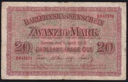 Deutschland Darlehnskasse Ost 20 Mark 1918 Litauen