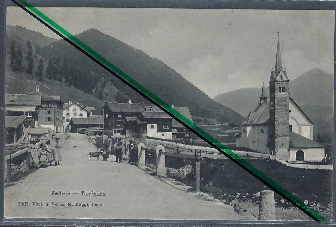 Ansichtskarten: Sedrun. Dorfplatz. – Gebraucht aus Horw von SwissSteamMemories