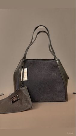 Elegante Handtasche aus echtem Leder, Grau, Neuwertig!