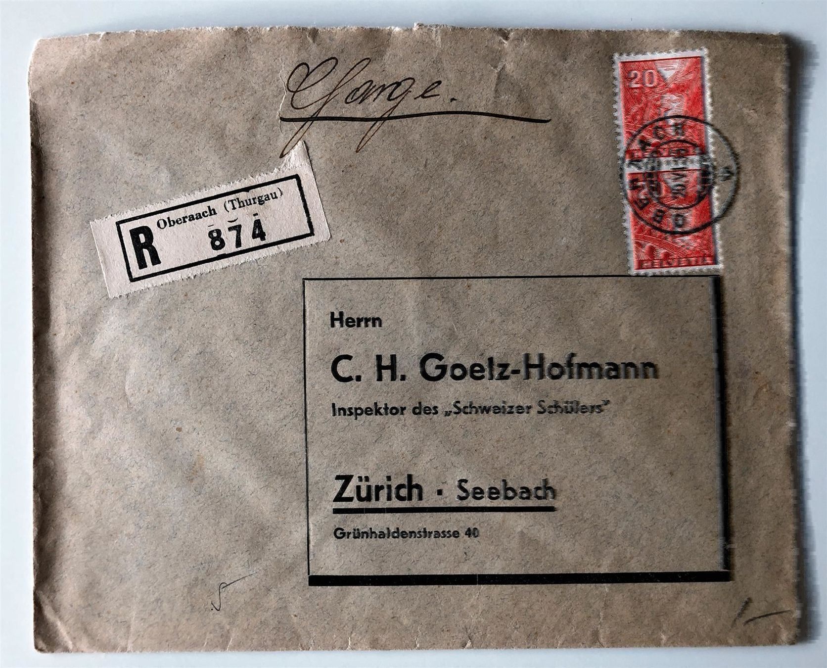 Dokumente: R-Brief OBERAACH TG 1935 – Gebraucht aus Lufingen von Rac0