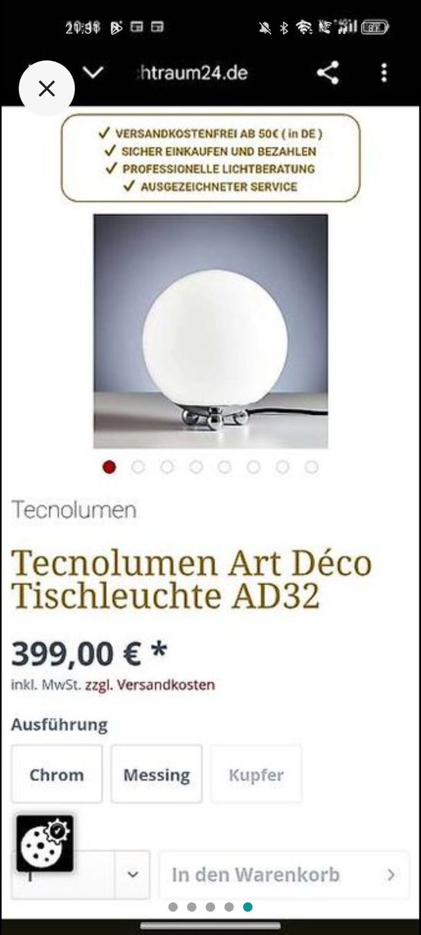 Lampade: Tecnolumen Art Deco Lampe glas/chrome – Usato da Zürich venduto da style-and-design.zh 2