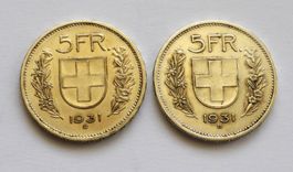 2x 5 Franken 1931 - 13 Sterne über Kopf - 2x ABARTEN