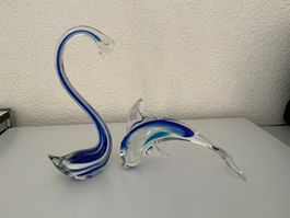 Glas- figuren, Schwan und Delfin blau weiss, murano