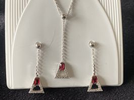 Silber 925 Set Kette mit Anhänger Ohrringe rot Zirkonia neuw