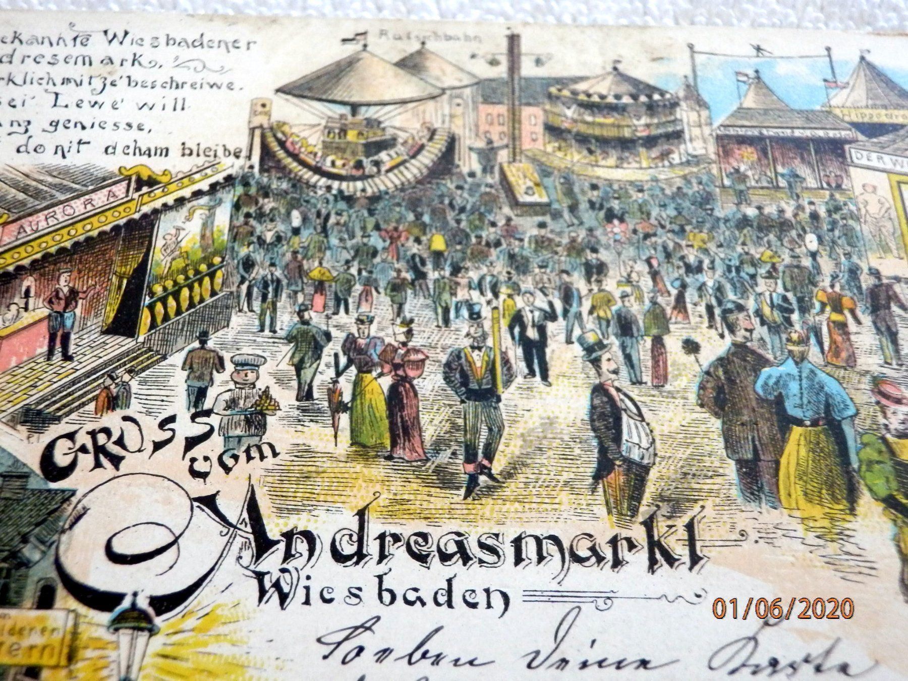 Cartes postales: Litho, Gruss aus Wiesbaden, Andreasmarkt – D'occasion à Ueberstorf par dinbau 1