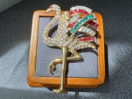✨Goldene Flamingo-Brosche mit bunten Strasssteinen, Vintage