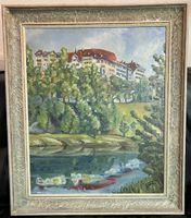 Ölgemälde mit Fluss & Stadtansicht, signiert