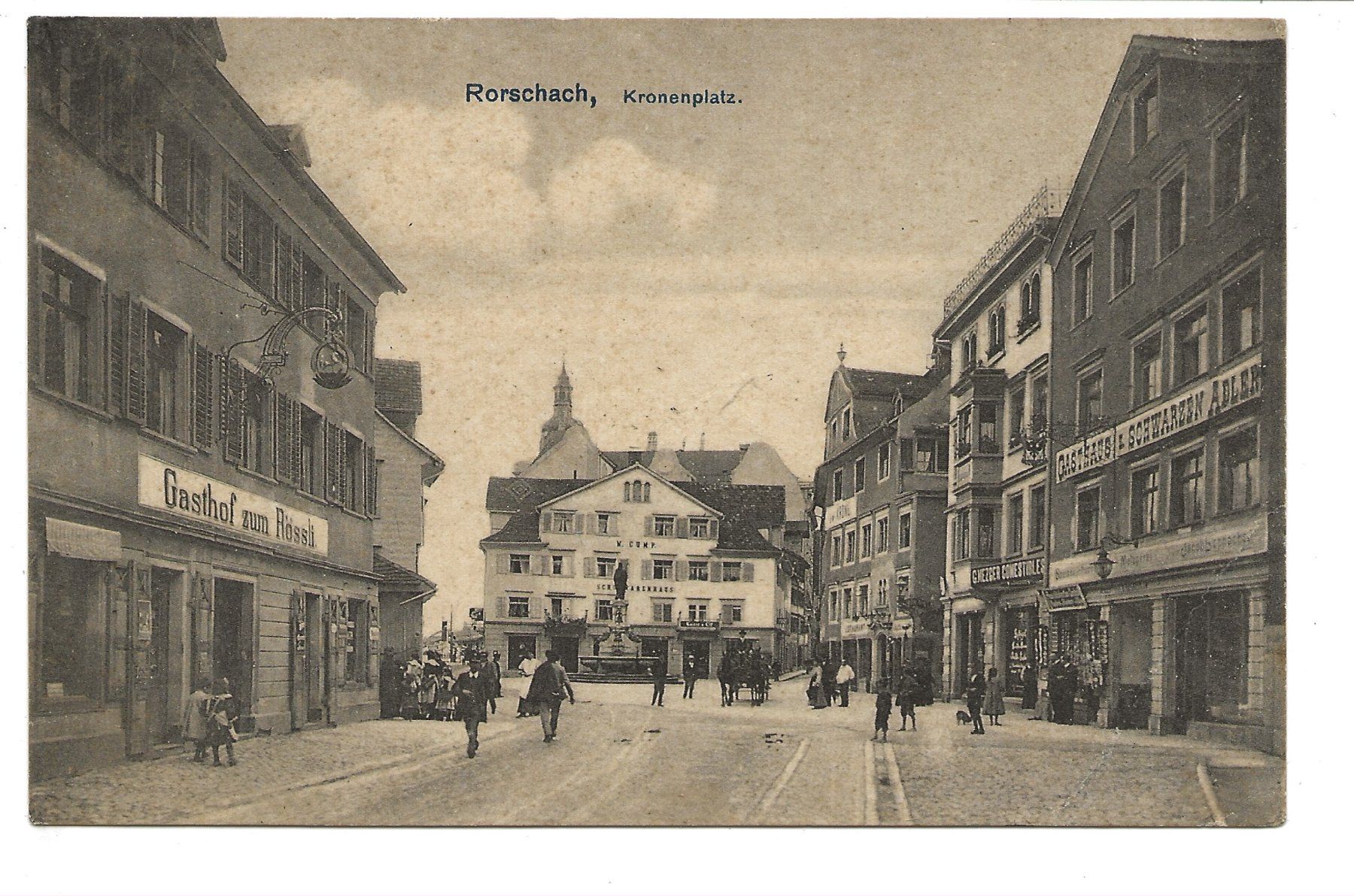 Cartoline postali: Rorschach (SG) Kronenplatz - Rössli - Schwarzer Adler - 1908 – Usato da Engelburg venduto da Cartophil