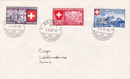 1939, 3 Landi-Serien nach Sprachen sortiert auf 3 Orts-FDC's