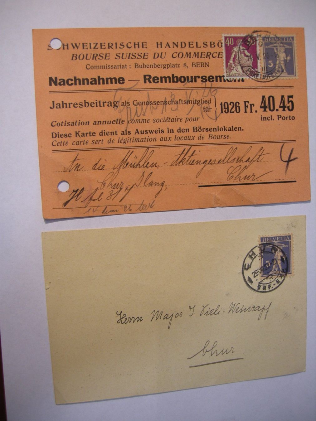 Tutti i francobolli: 1926, 2 POSTKARTEN SCHWEIZERISCHE HANDELSBÖRSE NACH CHUT – Usato da Rüti ZH venduto da jupi1945