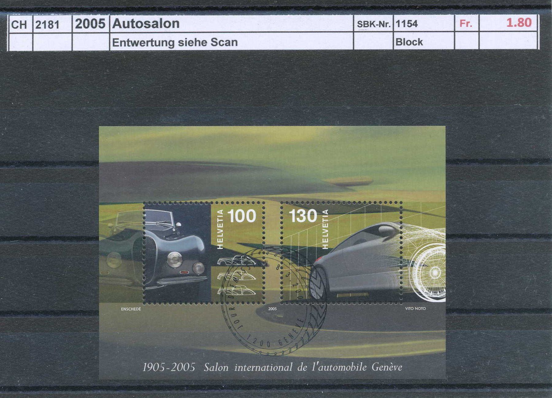 Tutti i francobolli: 2005 "Autosalon" - Sonderblock, gestempelt – Usato da Winterthur venduto da Zupogeru