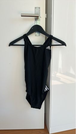 Adidas Black Swimsuit with White Stripes, Size Small.