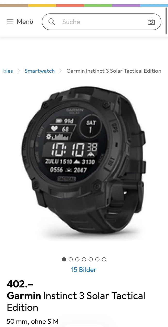 Garmin Smartwatch: Garmin Instinct 3 Solar Tactical Edition 50mm – Gebraucht aus Zürich von Jack.P