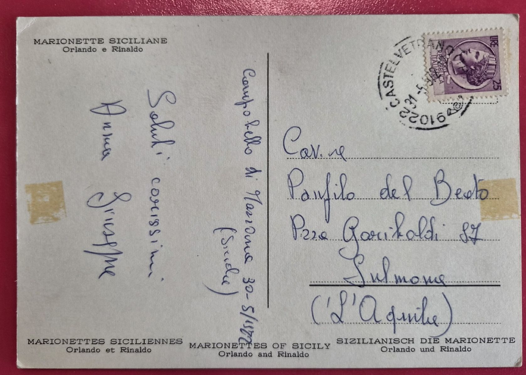 Cartoline postali: Marionette Siciliane Orlando e Rinaldo 1972 – Usato da Melchnau venduto da Arthurius 1