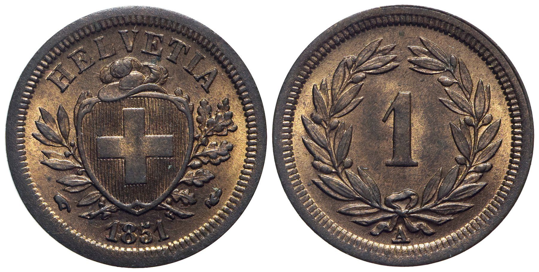 Alle Münzen: 1 Rappen 1851 (05) – Gebraucht aus Chiasso von Novamarketing