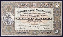 Banknoten 5 Franken / 28. März 1952 / Bankfrisch