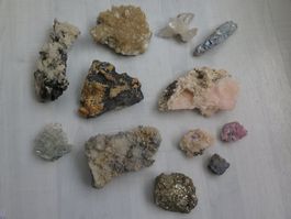 12 Mineralien von Pyrit, Bergkristalle, Disthen Cyanit...