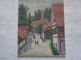 GEMÄLDE DORF KIRCHE FACHWERKHAUS SIGN.A.STEIGER ANTIK
