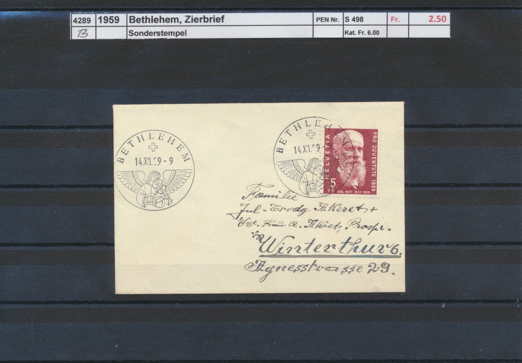 Tutti i francobolli: 1959 "Bethlehem", Zierbrief, Sonderstempel – Usato da Winterthur venduto da Zupogeru