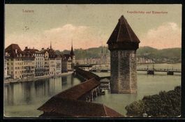 AK Luzern, Kapellbrücke und Wasserturm