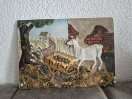 Reliefbild Ziege mit Schubkarren, Bauernhof Szene, Wandbild